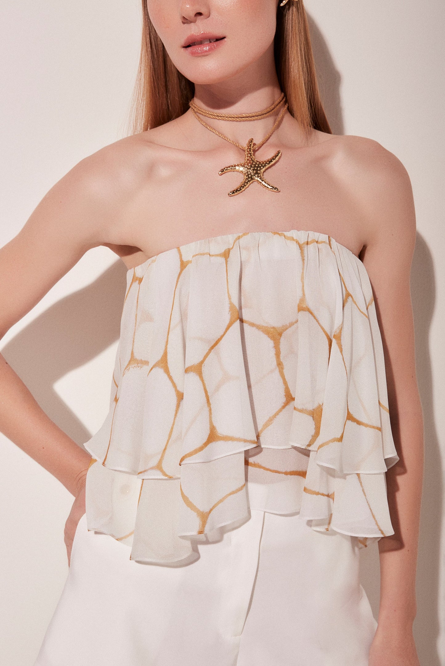 Agua De Coco Tile Ruffled Strapless Top E4755A1769