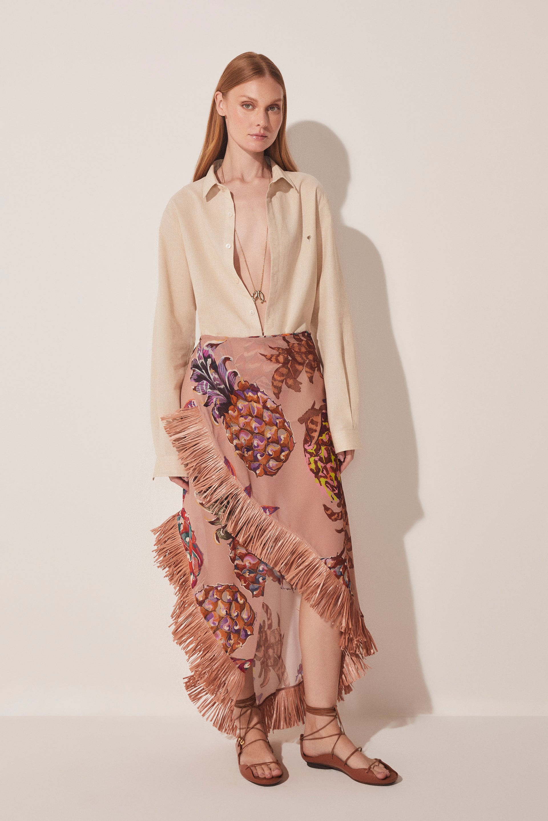 Agua De Coco Piña Criss Crossed Long Skirt With Fringes E4870A1665