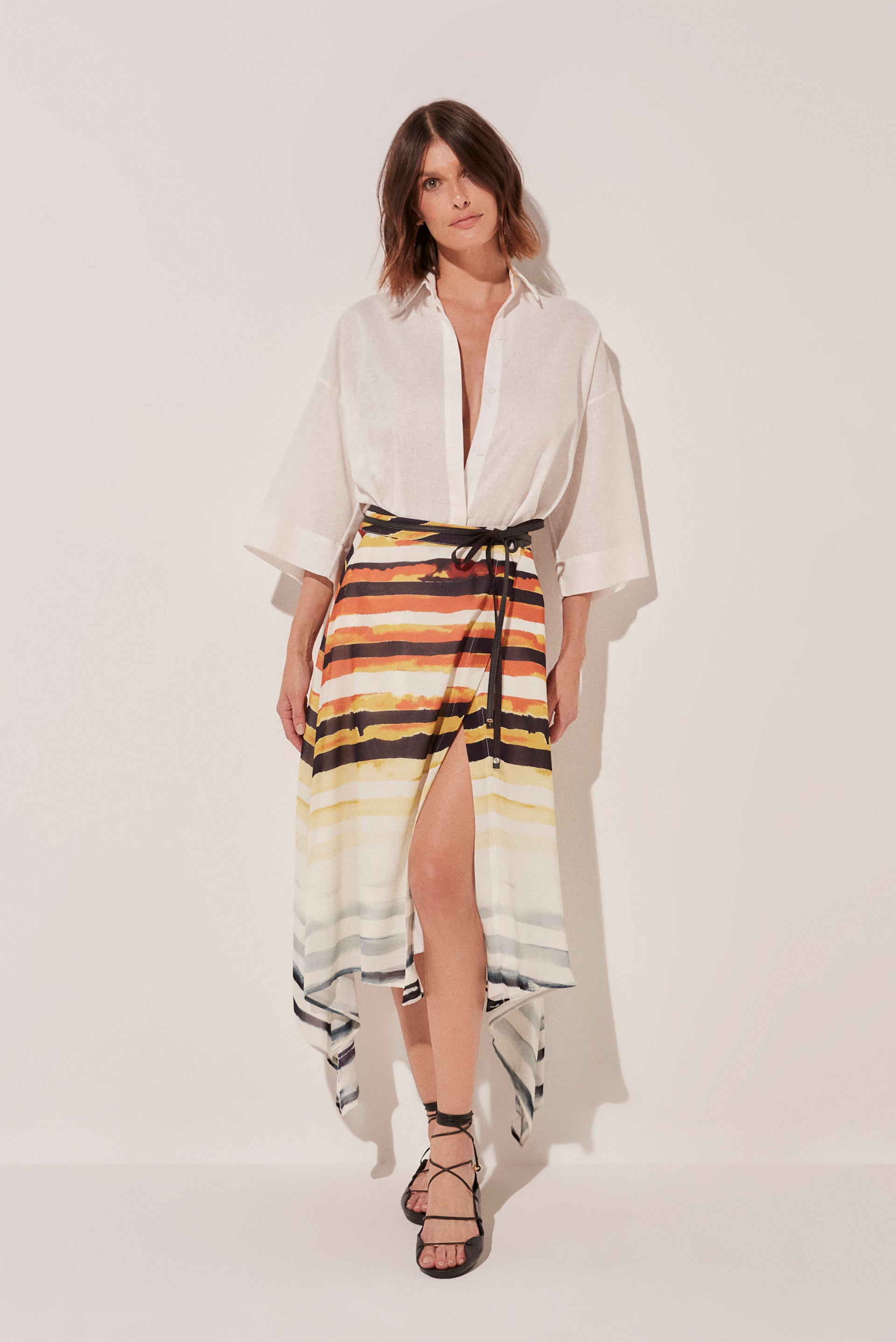 Agua De Coco Striped Fish Midi Skirt With Leather Straps E4915A1728