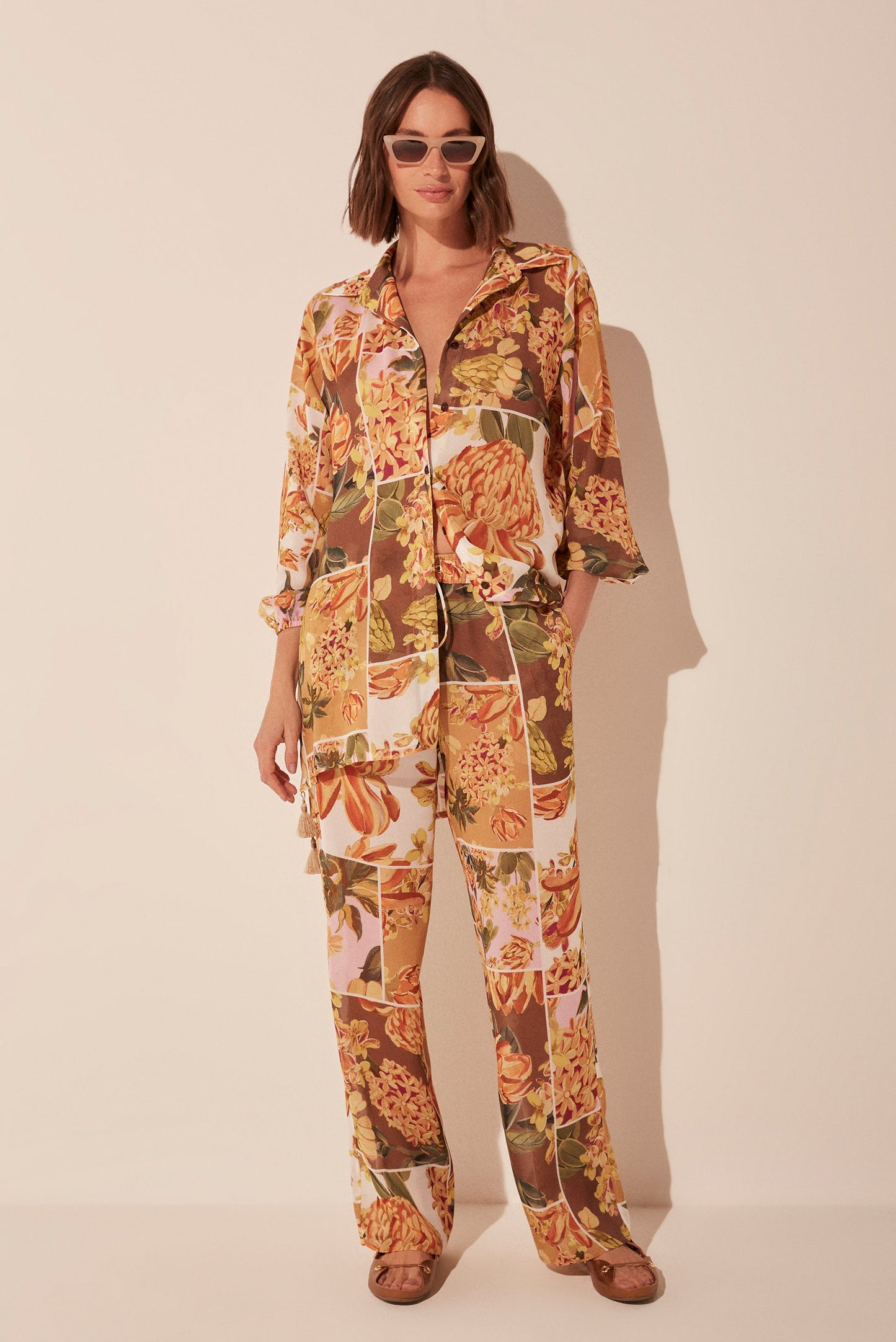 Agua De Coco Flowers Patchwork Elastic Waist Straight Leg Pants E5083A1921