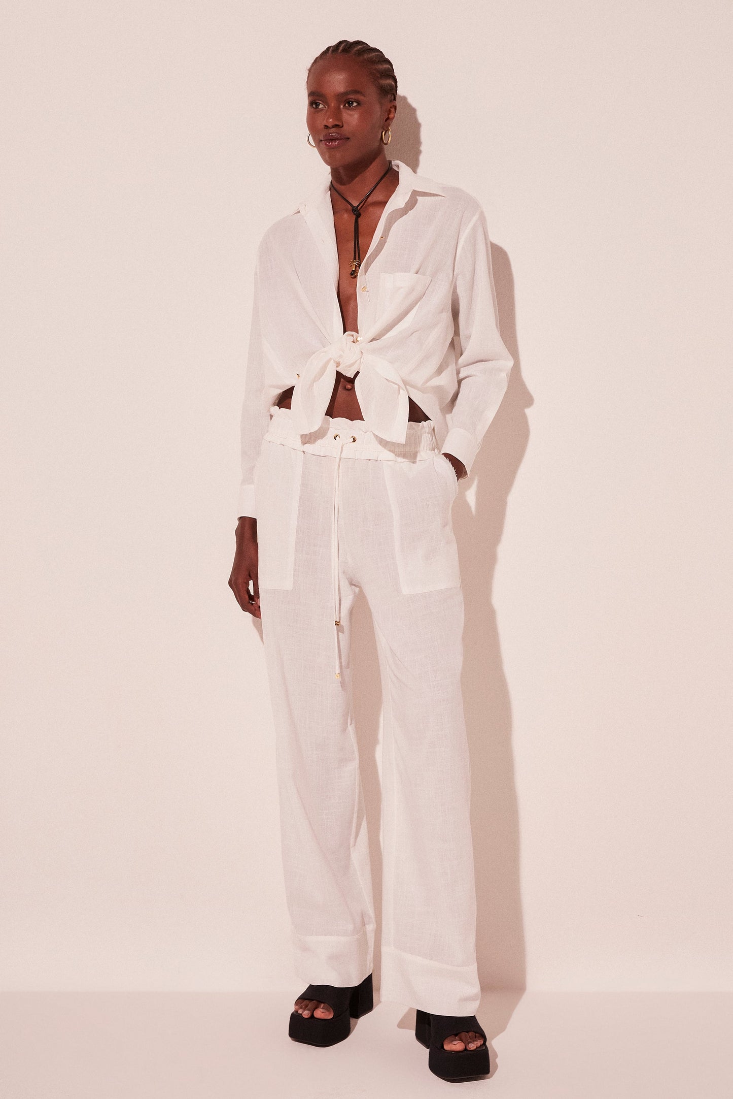 Agua De Coco Off White Pacific Adjustable Waist Straight Leg Pants E5420A2109