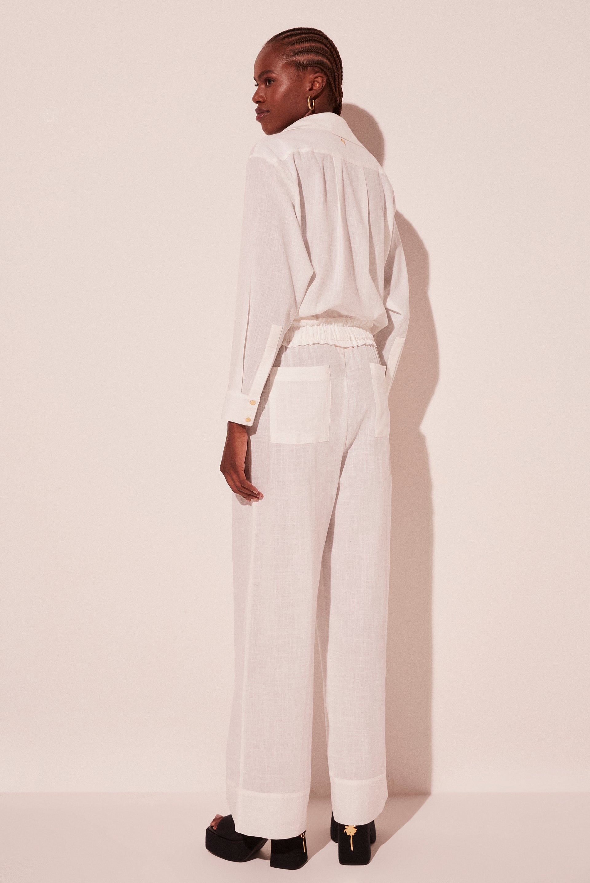 Agua De Coco Off White Pacific Adjustable Waist Straight Leg Pants E5420A2109