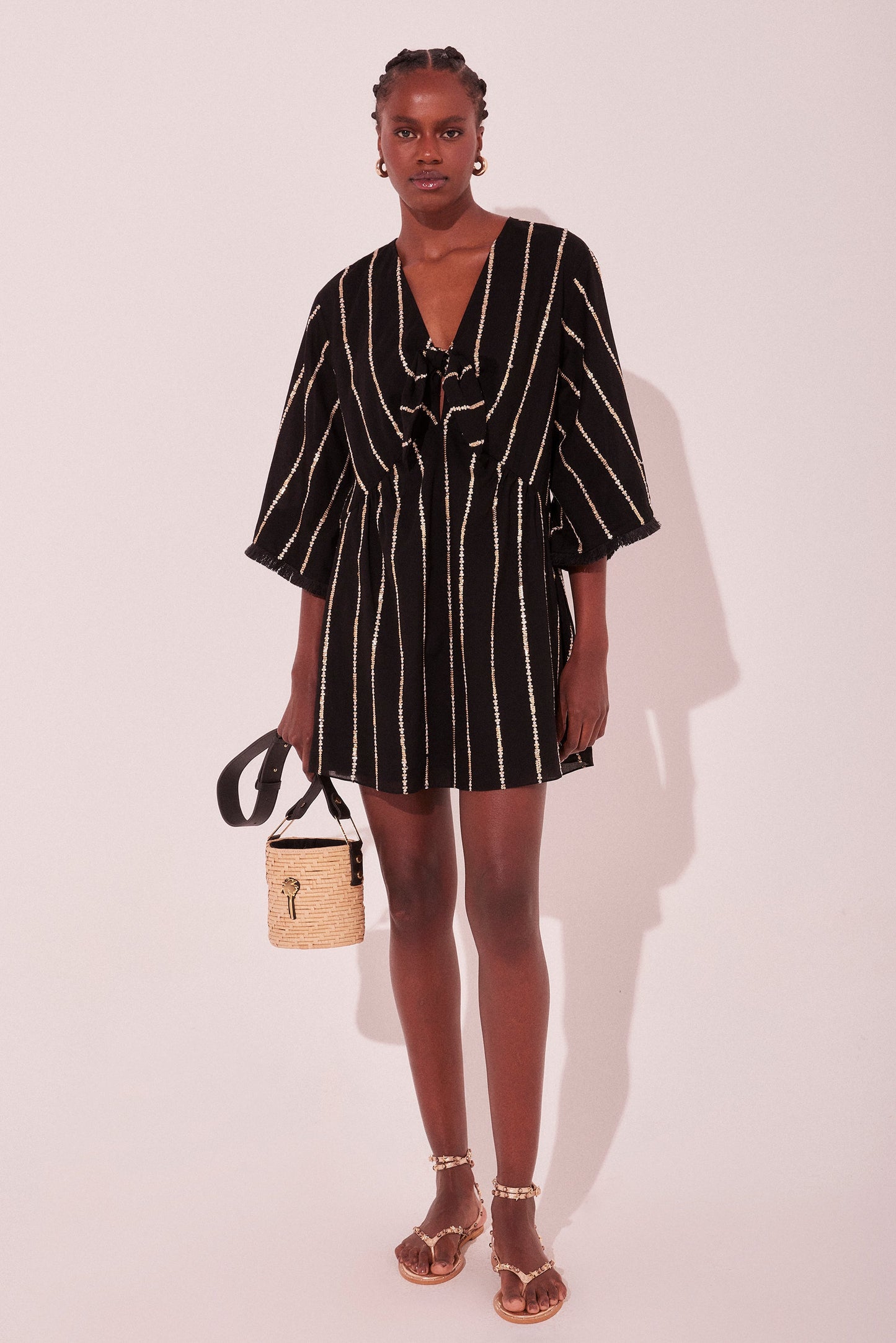 Agua De Coco Black Lightness Square Sleeve Short Dress E5487A2223