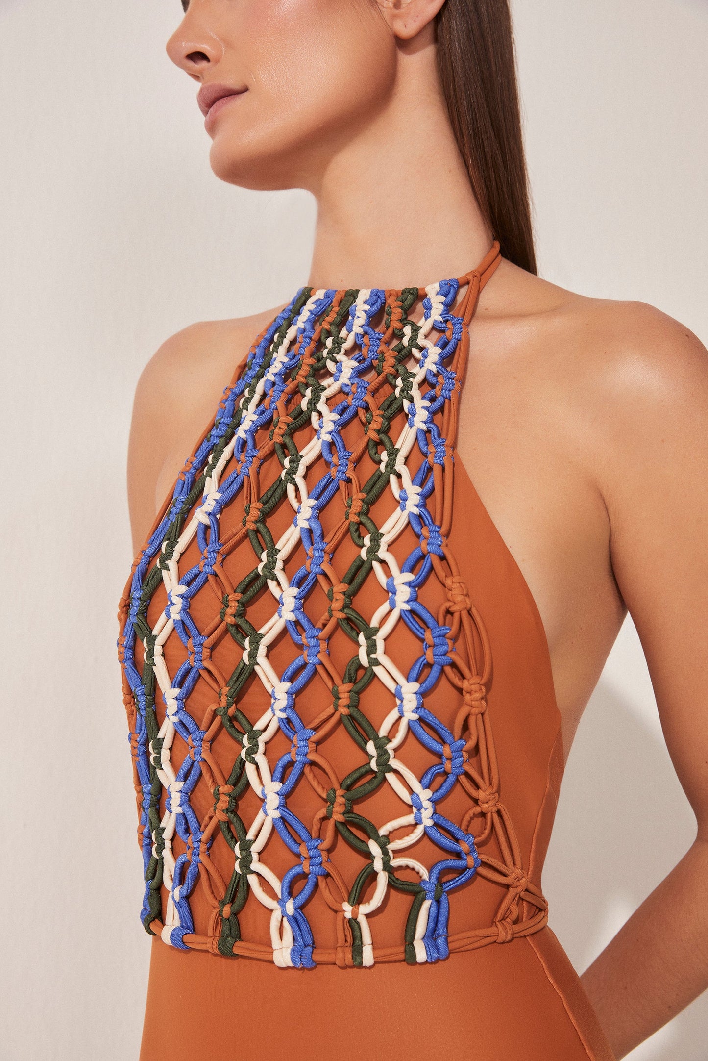 Agua De Coco Tropical Mix Halterneck Bodysuit With Macramé M1023A1651