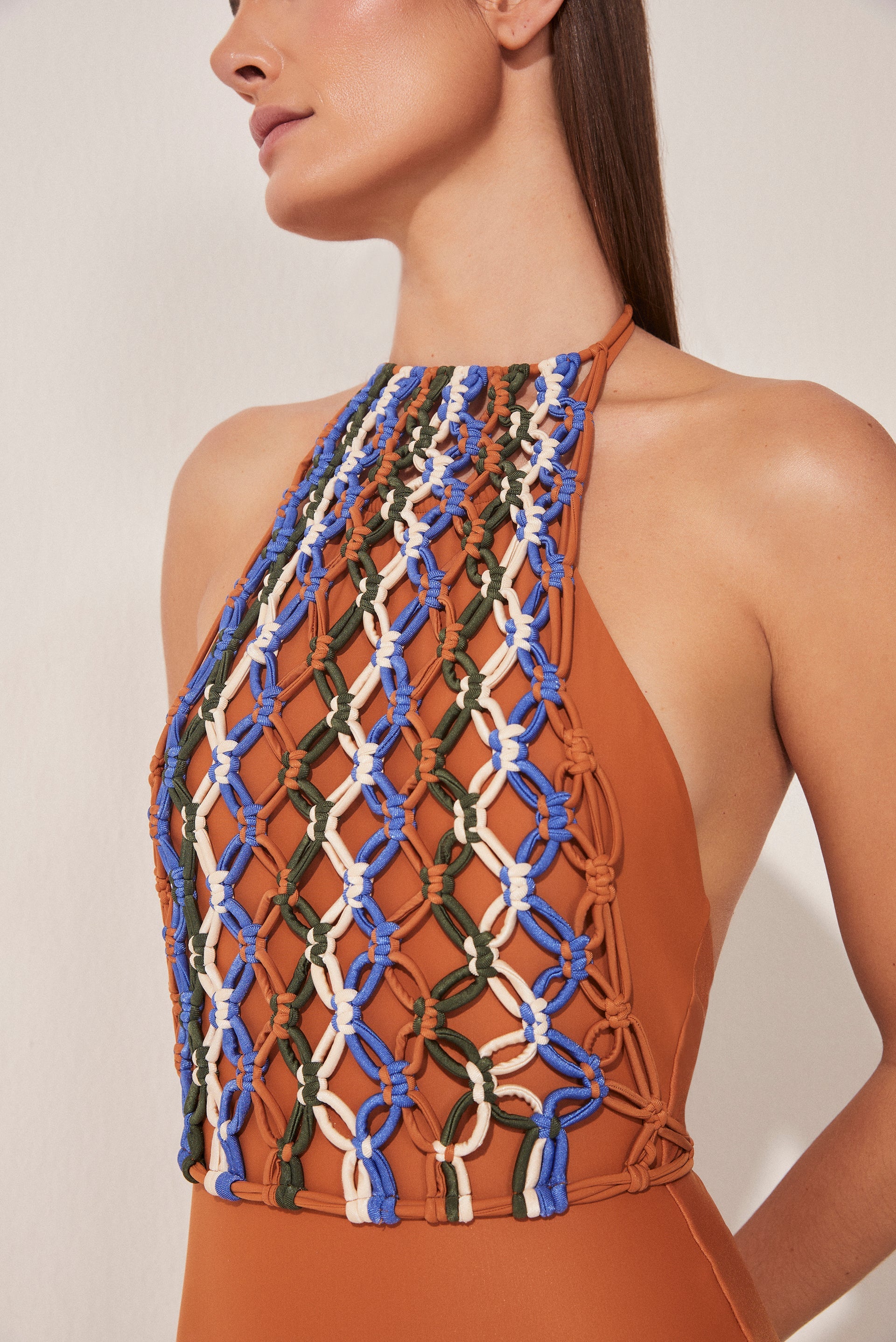 Agua De Coco Tropical Mix Halterneck Bodysuit With Macramé M1023A1651