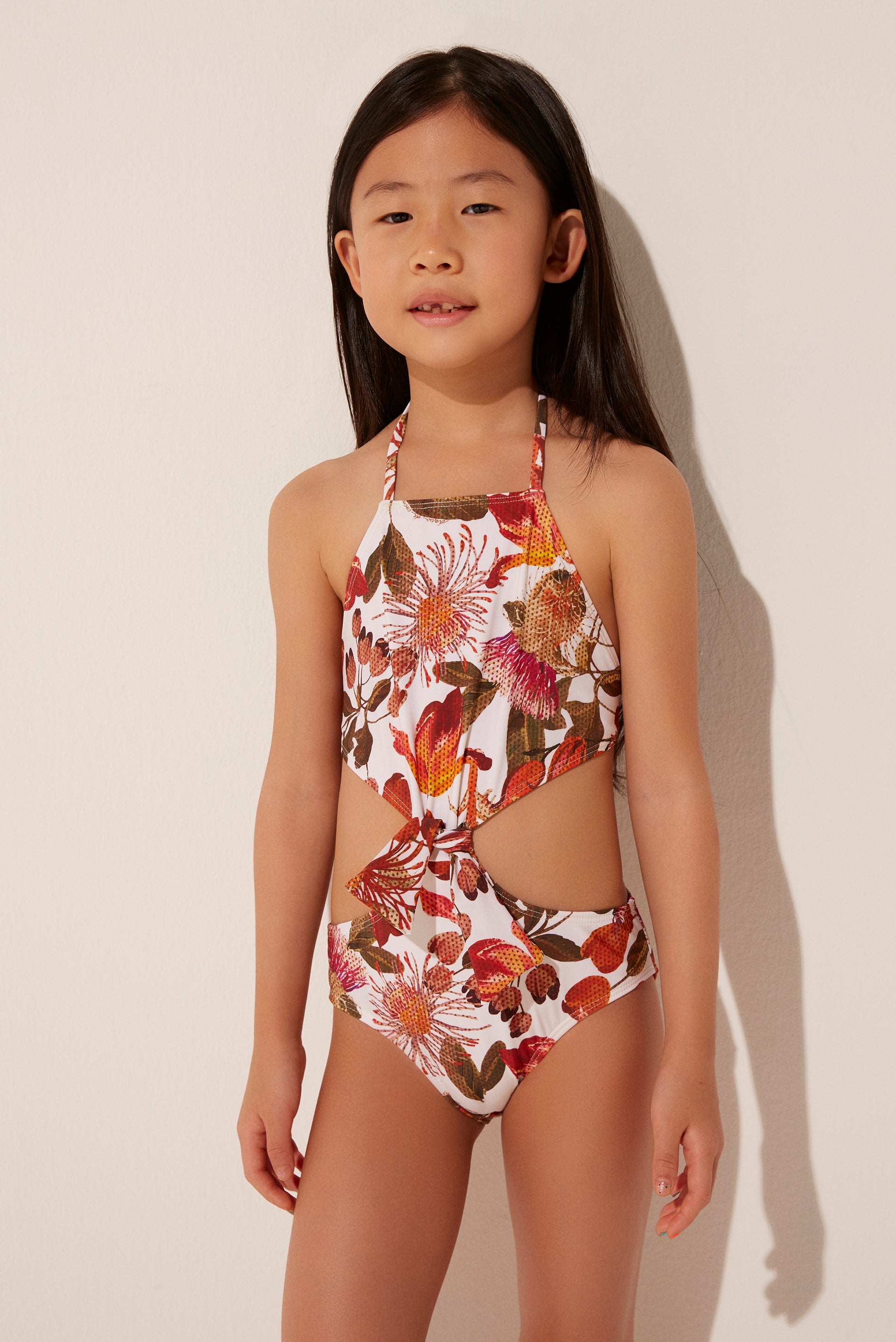 Agua De Coco Floral Straw Cut-Out Kids One Piece With Knot M367I1886