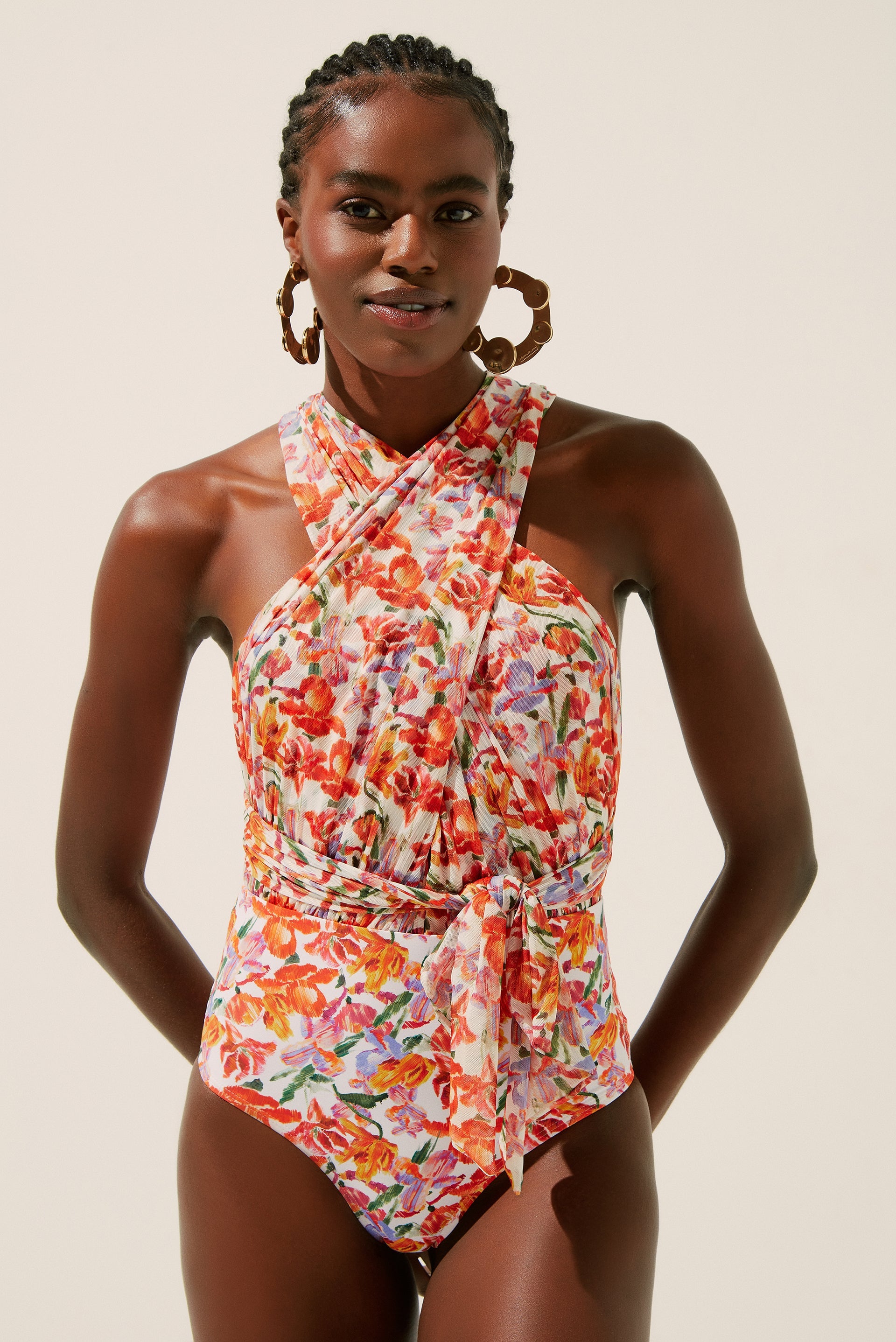 Agua De Coco Floral Ikat Halterneck One Piece With Versatile Ties M883A1341
